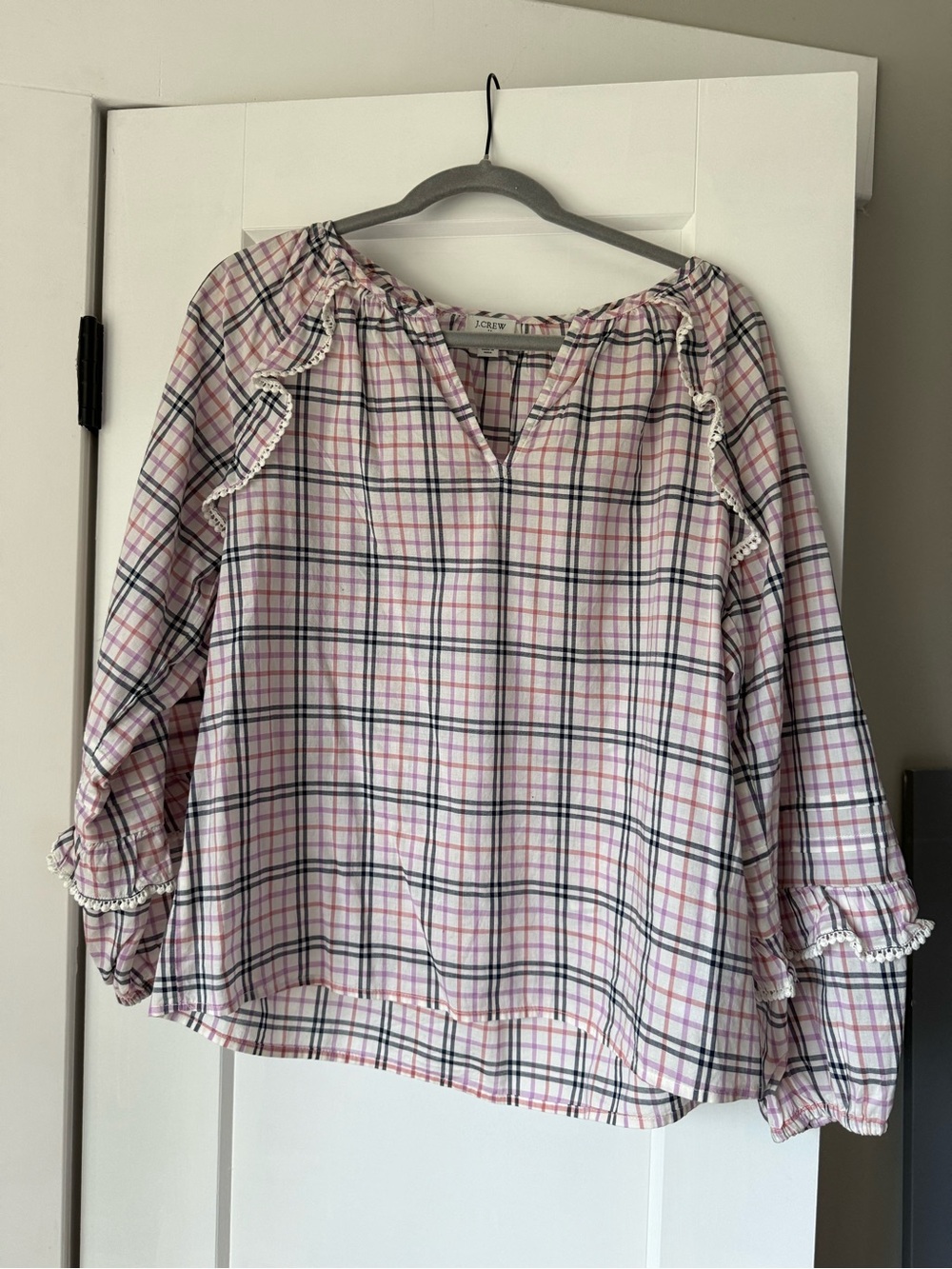 J. Crew Pink and Black Plaid Peasant Tunic
